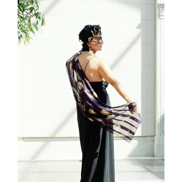 Purple Rose Flowers Garden Sheer Scarf Vintage Accessory - Picture 3 of 10